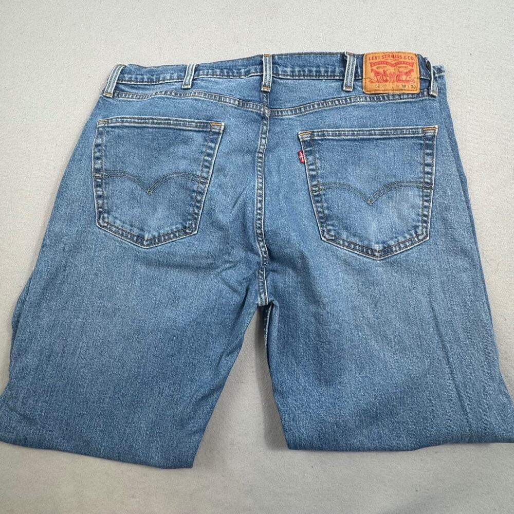 Levis 505 Regular Straight 38x30 Cotton Stretch Medium Wash Denim Blue Jeans Zip - Picture 10 of 16